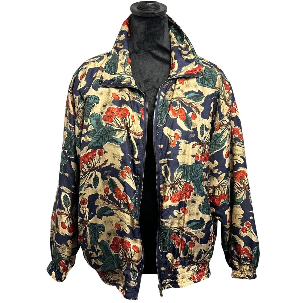 EVR Silk Bomber Jacket L Petite Navy Blue Cherry Print Vintage 90s Windbreaker